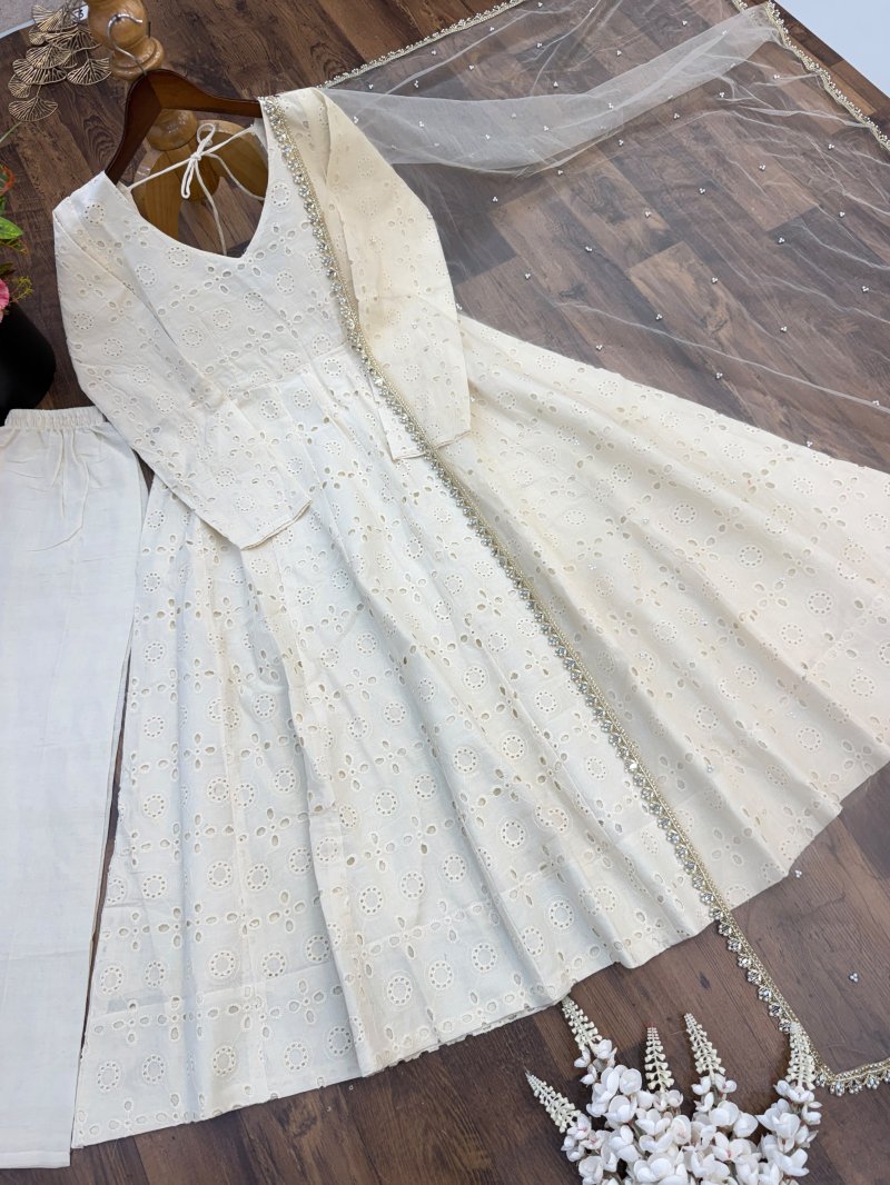 Nsr 919 Pure Cotton Chiffly Work Anarkali Kurti With Bottom Dupatta